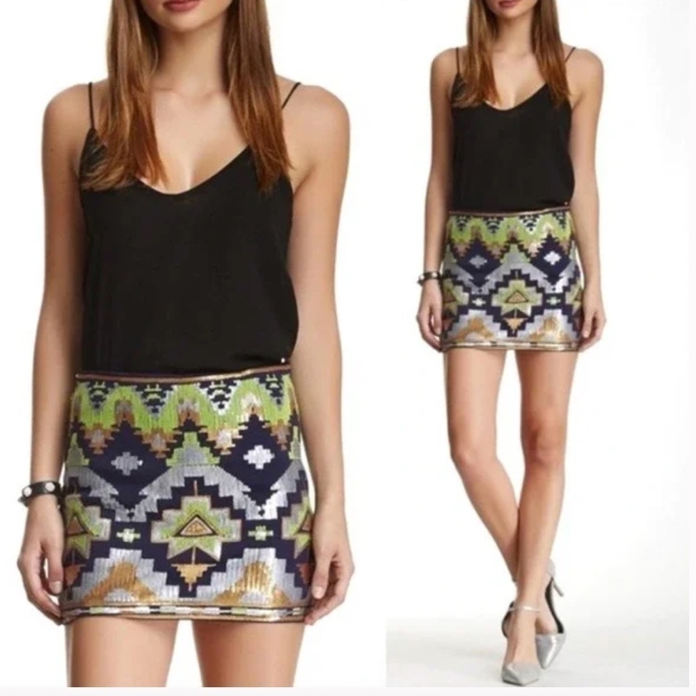 FATE Aztec Sequin Embellished Mini A-Line Skirt (S)